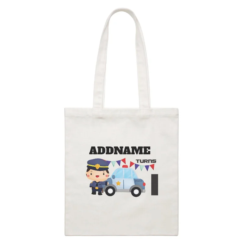 Customizable Canvas Tote Bag for Brand PromotionBirthday Police Officer Boy In Suit With Police Car Addname Turns 1 White Canvas Bag Customizable Canvas Tote Bag for Brand PromotionBirthday Police Officer Boy In Suit With Police Car Addname Turns 1 White Canvas Bag