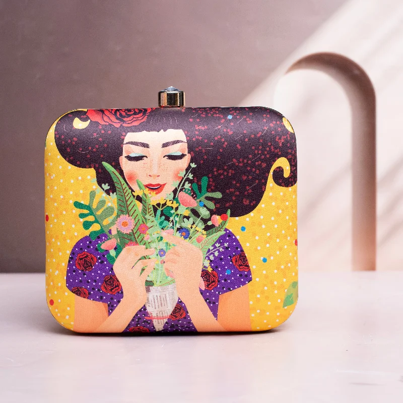 Women's Faux Fur Clutch in White for Winter BallsFancy Floral Princess Printed Clutch on Bright Yellow Background Women's Faux Fur Clutch in White for Winter BallsFancy Floral Princess Printed Clutch on Bright Yellow Background