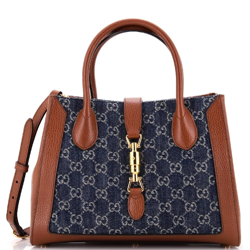 Medium - Sized Canvas Tote Bag in Navy Blue with Striped Pattern for a Nautical - Inspired LookJackie 1961 Tote GG Denim and Leather Medium Medium - Sized Canvas Tote Bag in Navy Blue with Striped Pattern for a Nautical - Inspired LookJackie 1961 Tote GG Denim and Leather Medium
