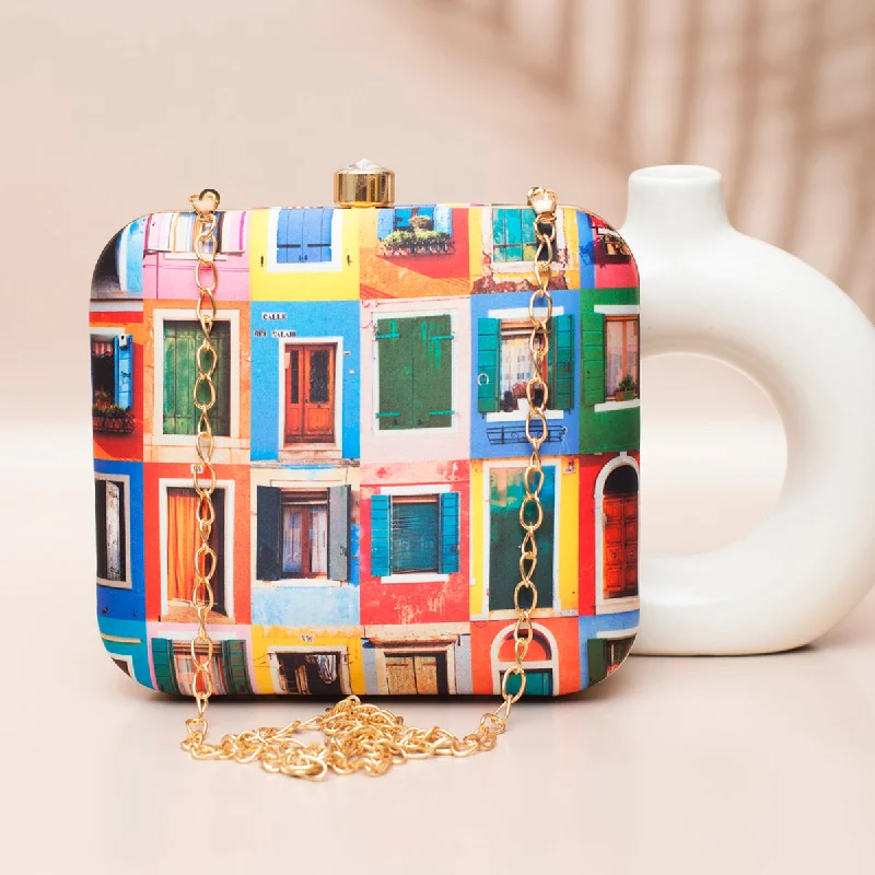 Mirrored Clutch in Silver for Futuristic - Themed GatheringsMulticolored Door Printed Clutch Mirrored Clutch in Silver for Futuristic - Themed GatheringsMulticolored Door Printed Clutch