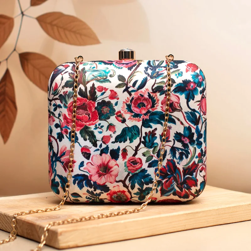 Women's Glittery Clutch in Blue for Disco - Themed EventsWhite Based Pink Floral Printed Clutch Women's Glittery Clutch in Blue for Disco - Themed EventsWhite Based Pink Floral Printed Clutch